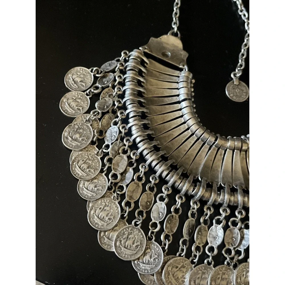 Vintage Metal Afghan Arabic Ship Coin Pendants Choker Necklace Tribal Coin Dance
